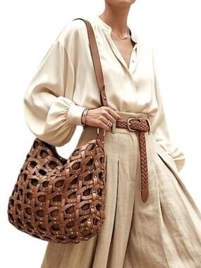 BEBE Y2K studded brown real leather lattice slouchy boho hobo shoulder tote bag